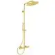 Duschsystem in gebürstetem Gold mit großer Regendusche und Handbrause, montiert an einer Wand. Hersteller ist Ideal Standard.